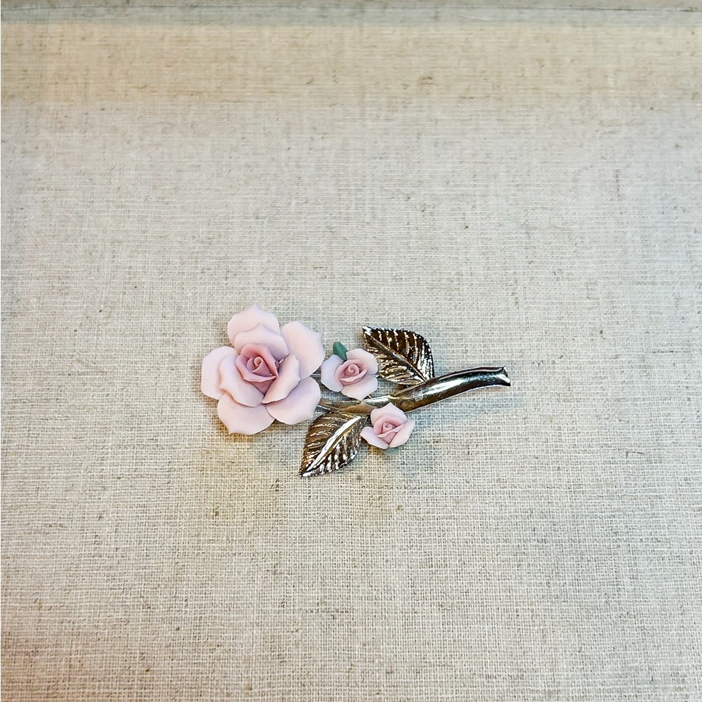 Floral Pink Rose Brooch Made from Clay, lightweight silver tone brooch